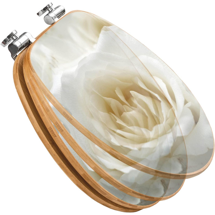 Сидіння для унітазу з бамбука banjado White Roses, плавне закривання, дерев'яний туалетний кришка з автоматичним опусканням, універсальний розмір
