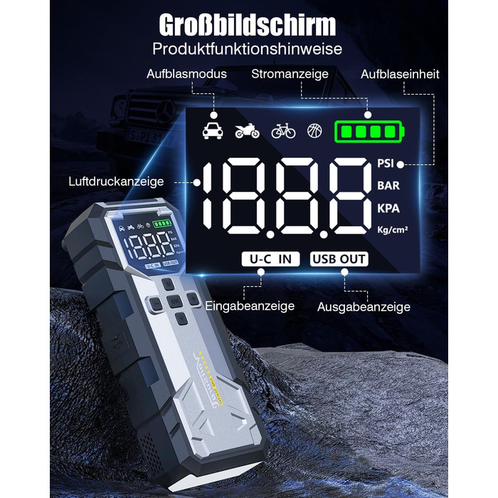 Powerbank Starthilfe 7000A з компресором та LED-ліхтариком: 160PSI, 12V для бензинових та дизельних авто (10L)