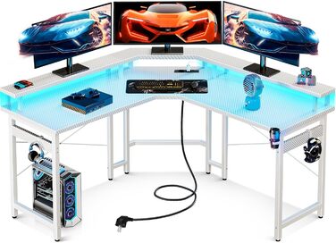 Ігровий стіл ODK з LED-підсвіткою, 2 розетками та 2 USB-портами, велика полиця для монітора, комп'ютерний стіл для геймерів, карбонове біле покриття, 129x129 см