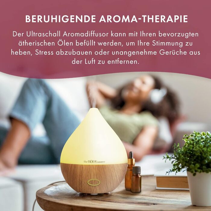 Ультразвуковий аромадифузор The Body Source 165 мл з LED-підсвіткою 7 кольорів, електричний зволожувач повітря для ефірних олій, аромалампа для дому, офісу, спа