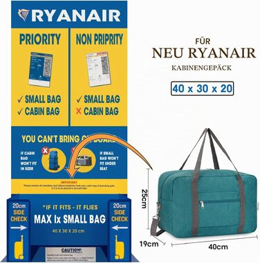 Складана сумка для ручної поклажі Narwey для Ryanair (40x30x20 см), компактна дорожня сумка з плечовим ременем, синьо-зелена