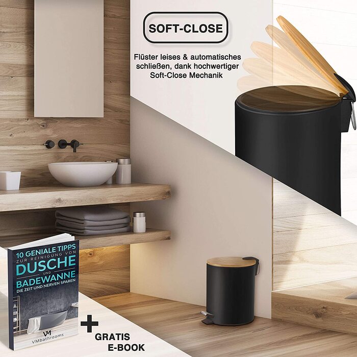Косметичний відро для сміття VMbathrooms 5 л, чорне матове, з бамбуковою кришкою, педаллю та механізмом плавного закривання, для ванної кімнати