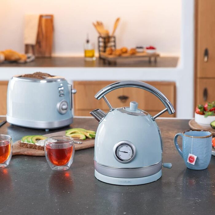 Електрочайник Cecotec ThermoSense 420, 1,8 л, 2200 Вт, з температурним індикатором, нержавіюча сталь, 360° база, вінтажний стиль, блакитний