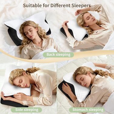Ортопедична подушка для шиї з Memory Foam, ергономічна для сну на боці, спині та животі, 61.7x37x13/13.6 см, чорна