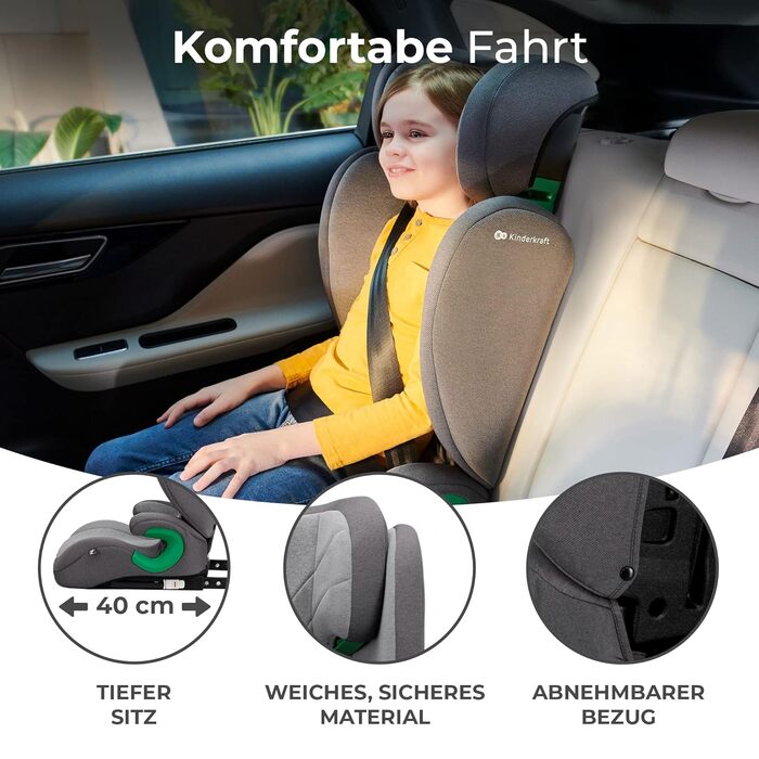 Дитяче автокрісло Kinderkraft JUNIOR FIX2 I-SIZE 15-36 кг, Isofix, група 2/3, 100-150 см, регульована спинка та підголівник, сірий