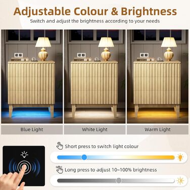 LED тумбочка Gurexl з бездротовою зарядкою, 3 ящики, USB & Type-C, з датчиком руху, для спальні, вітальні, офісу, чорна (2, дуб, 3 ящики)
