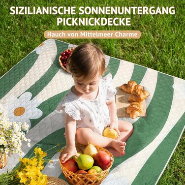 Водонепроникний пляжний килим LARUTAN Versailles Daisy, портативна ковдра для пікніка з плечовим ременем, 200 x 200 см, придатна для прання в машині