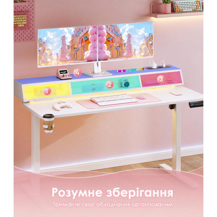 Офісний стіл для геймінгу OffiGo, 140 см, регульована висота, RGB LED, розетки, 3 полиці, тримач для напоїв та навушників, поверхня з карбону, білий колір