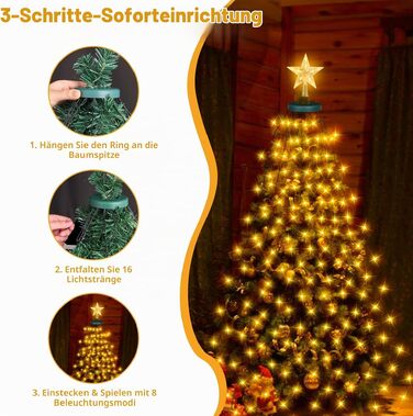 Світлодіодна гірлянда для ялинки з кільцем та зіркою, 400 LED вогнів, теплий жовтий колір, для дерева 150-240 см