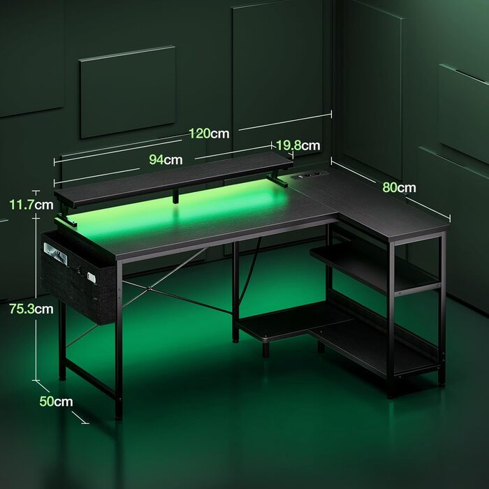 Ігровий кутовий стіл Coleshome з полицями та USB-розетками, 120x80 см, чорний