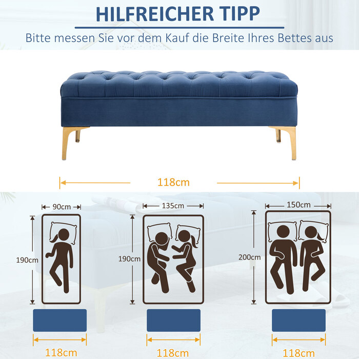 HOMCOM Лавка-ліжко Лавка для взуття Velvet Blue 118 x 45 x 42 см з піднятими ніжками для спальні та передпокою