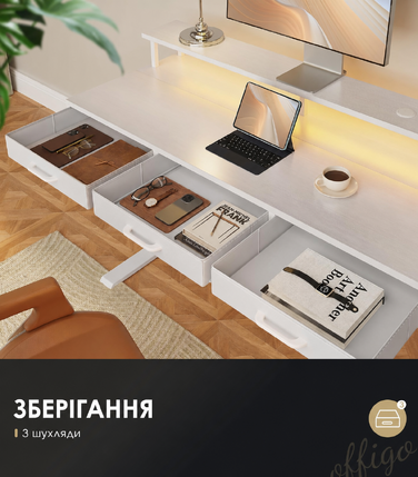 Електричний письмовий стіл OffiGo з шухлядами, 120 см, регульований по висоті, з моніторною підставкою, розетками та LED-підсвіткою, ігровий та офісний стіл, білий 120x54 см