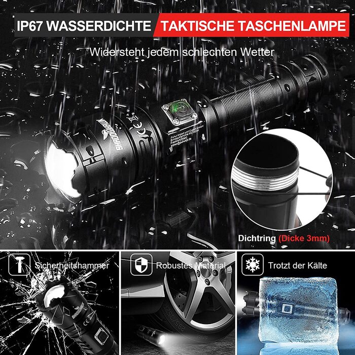Ліхтарик Shadowhawk LED, акумуляторний, надяскравий 30000 люмен, тактичний XHP70.2, IP67 водонепроникний, 5 режимів, зум, USB-зарядка, для кемпінгу, туризму, екстрених ситуацій, чорний