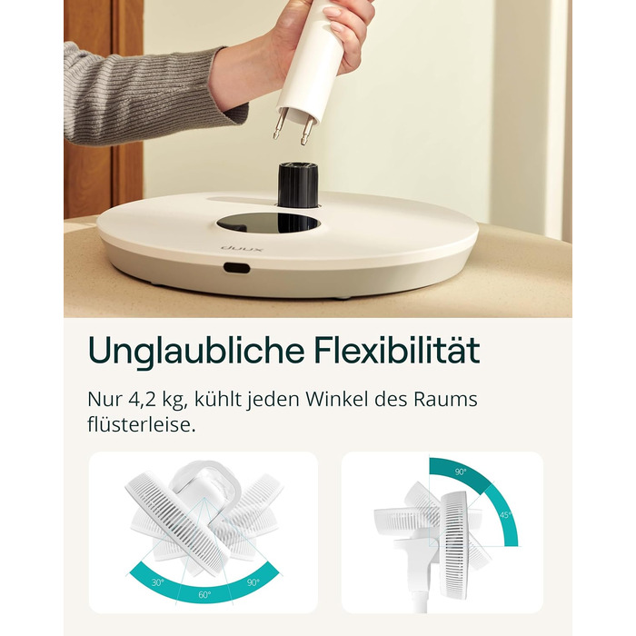 Duux Whisper Flex 2 Smart Вентилятор: тихий (13 дБ), нічний режим, таймер, регульована висота (54-92 см), енергоефективний, з Wi-Fi та пультом (білий, з акумулятором)