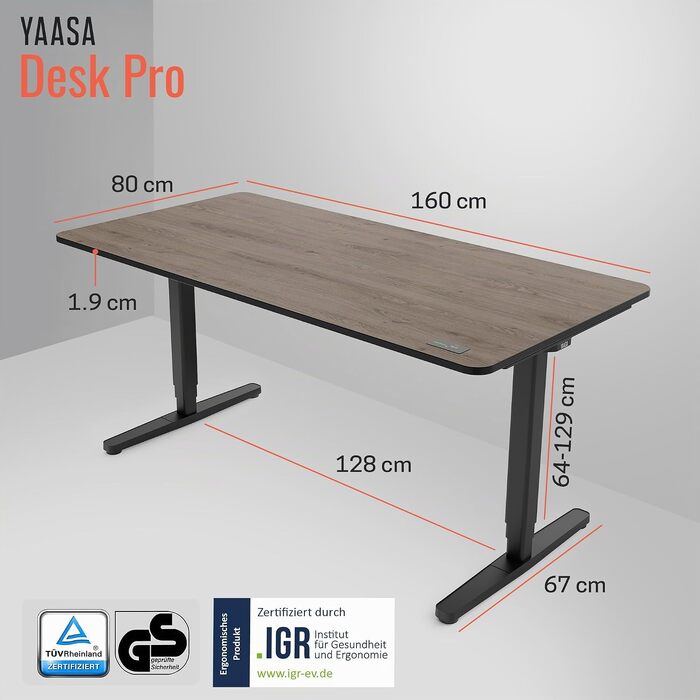 Регульований по висоті письмовий стіл Yaasa Desk Pro 160x80 см, офісний стіл для роботи стоячи, колір темний дуб / чорний