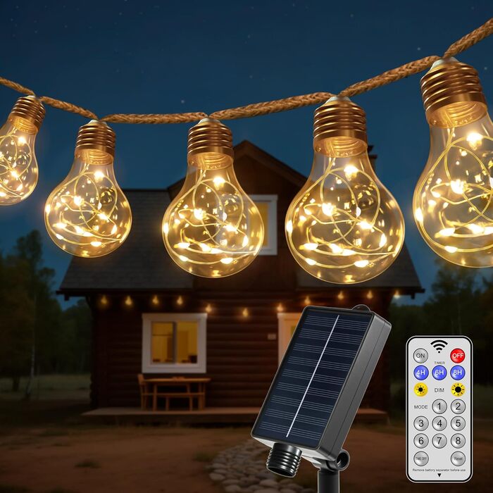 LED гірлянда сонячна для вулиці 10м, 16+1 G40, регульована яскравість, 3 режими, пульт дистанційного керування, вологостійка, тепле біле світло, для саду, балкону, декору вечірок