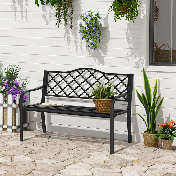 Лавка Outsunny Garden 2-місна з чавуну 128х58,5х89 см зі спинками та підлокітниками, швидким дренажем та високою стійкістю в чорному кольорі