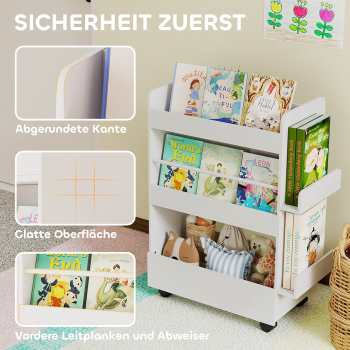 Дитяча полиця для книжок Kinder з 4 полицями, нижньою секцією, 2 бічними панелями, дощечкою для малювання, колесами, для дітей 3–8 років, 66,5 x 32,5 x 86,5 см, білий