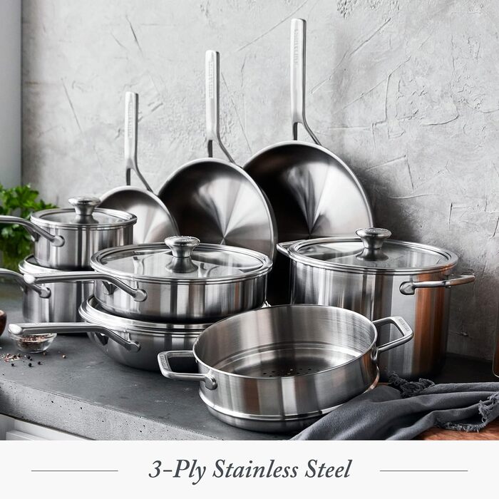 Набір посуду Merten & Storck Tri-Ply 8-Piece Cookware Set, нержавіюча сталь, індукційне дно, склокришки, придатний для духовки та посудомийної машини, сріблястий