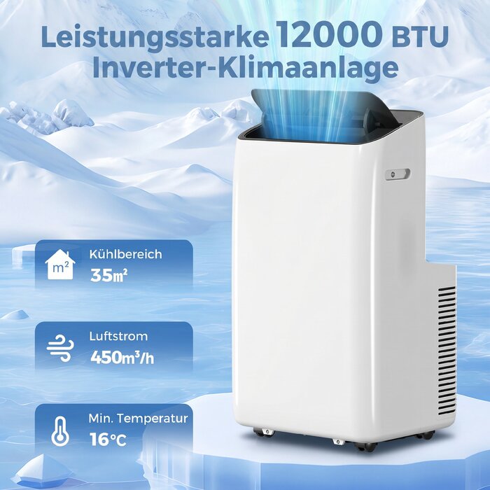 Мобільний кондиціонер 12 000 BTU з інверторною технологією, функцією повороту на 60°, 24-годинним таймером та пультом дистанційного керування