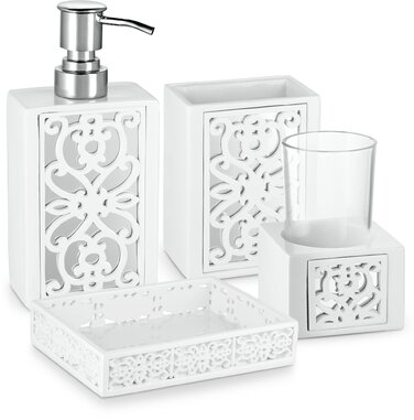 Набір аксесуарів для ванної кімнати Creative Scents – білий та сірий. 4 предмети: дозатор для мила, мильниця, тримач для зубних щіток, чашка.