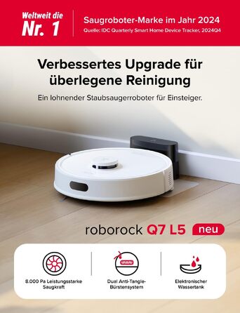 Робот-пилосос Roborock Q7 L5 з системою Dual Anti-Tangle, потужність всмоктування 8000 Па, точна навігація та зони No-Go, білий