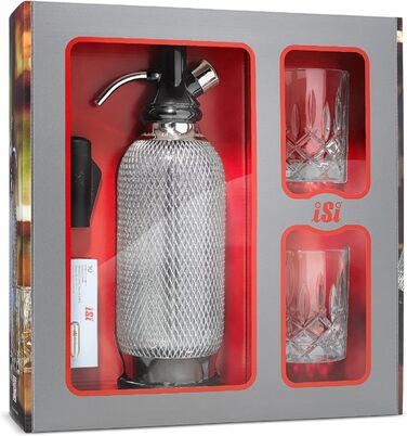 Сифон для газування води iSi Soda Maker Classic Geschenkset, 1 л, нержавіюча сталь, набір із 2 склянок і 10 капсул, барне приладдя для приготування содової води