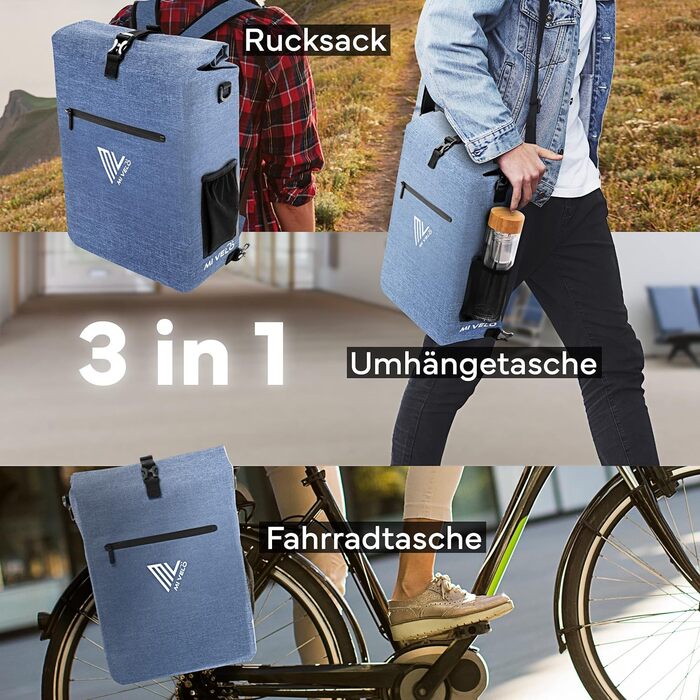 Велосумка MIVELO 3-в-1 на багажник, рюкзак та сумка через плече, водонепроникна, без ПВХ, з відділенням для ноутбука, джинсова синя
