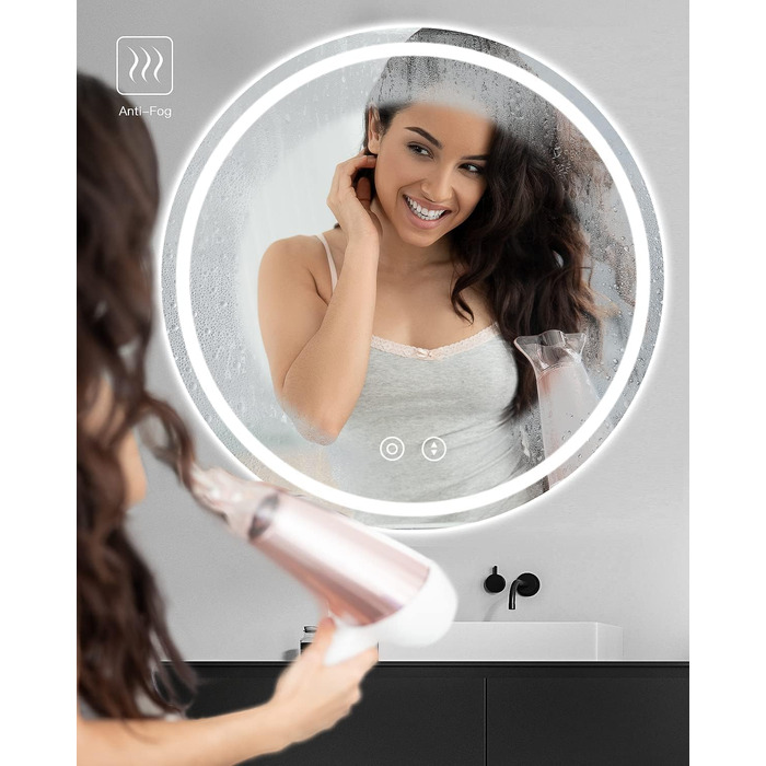 Дзеркало для ванної кімнати Dripex круглої форми з підсвічуванням LED, сенсорне керування, регулювання яскравості, 3 кольори світла, антизапарник, 50x50 см
