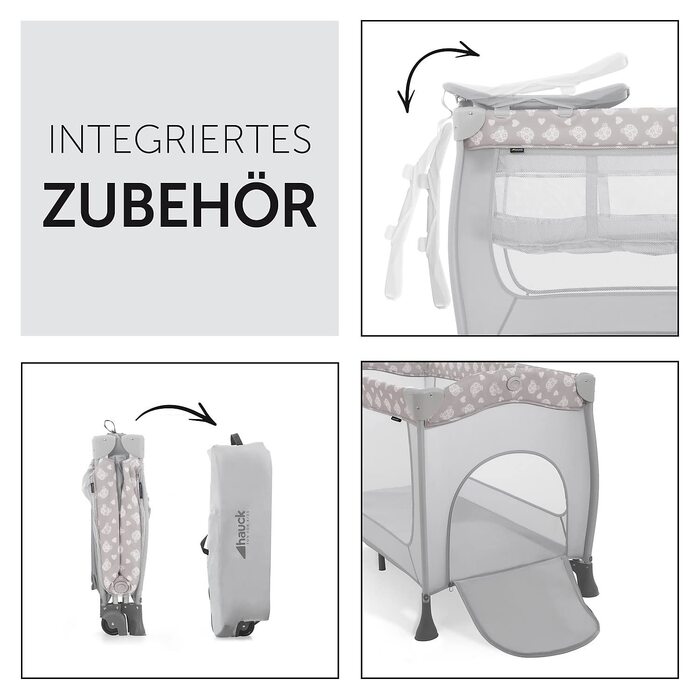 Дитяче туристичне ліжечко Hauck Sleep N Play Center Teddy Grey з люлькою для новонароджених, пеленатором, сумкою для транспортування, колесами, лазом, компактне складання, для малюків від народження до 15 кг