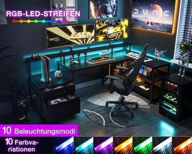 Кутовий комп'ютерний стіл ODK L-подібний з LED-підсвіткою, 2 розетками і 2 USB-портами, чорний, з висувною шухлядою та полицями, 172×100 см, ігровий стіл для дому та офісу