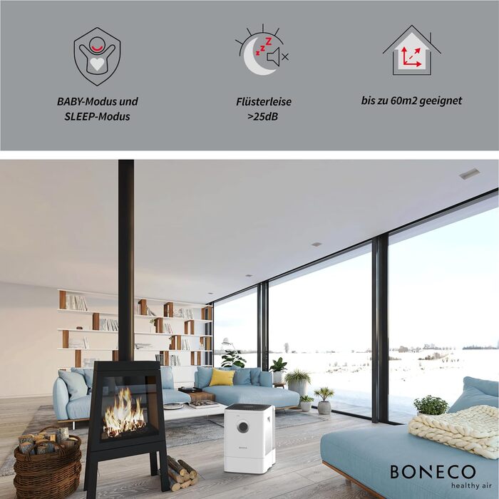 Зволожувач повітря BONECO W400 знімний бак 12 л, для кімнат до 60 м², дуже тихий 25 дБ, режими SLEEP і BABY, керування через додаток, мийка повітря, білий