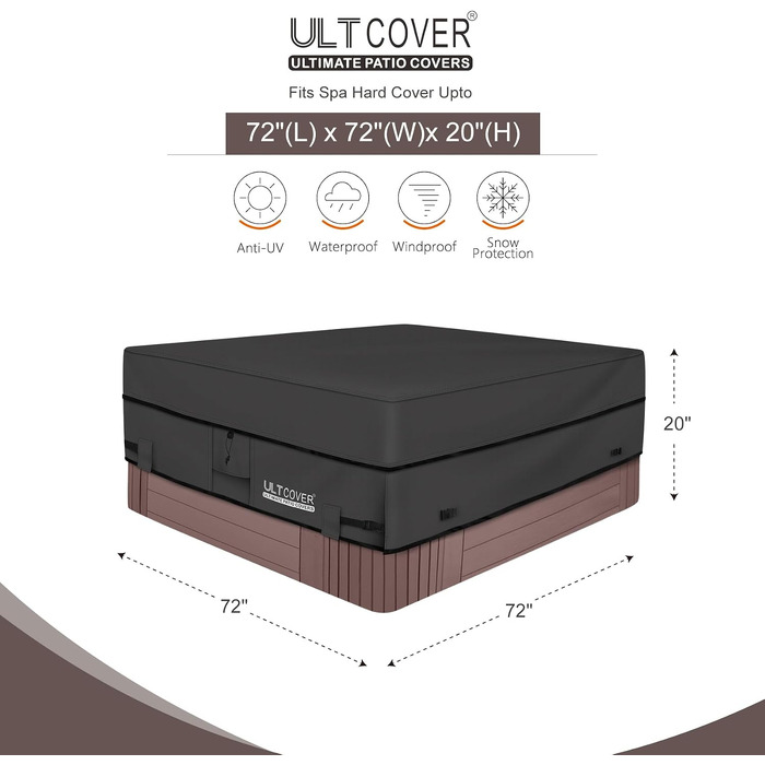 Водонепроникний чохол для гідромасажного джакузі Whirlpool ULTCOVER, квадратний, 183 x 183 см, 600D поліестер, чорний