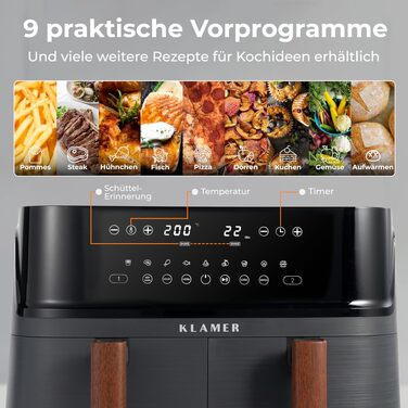 Аерофритюрниця KLAMER Duo 9L з двома кошиками, цифровим дисплеєм та 10 програмами, 3000 Вт, подвійна камера для здорового приготування