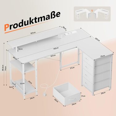 Кутовий ігровий стіл YOUDENOVA L-подібний з LED-підсвіткою, 4 шухлядами та розеткою, комп'ютерний стіл для геймерів та офісу з полицею для монітора, білий, 142x107 см