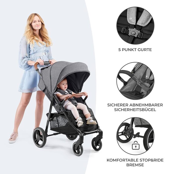 Дитяча коляска Kinderkraft GRANDE PLUS сірого кольору, від народження до 22 кг, складна однією рукою, з регульованою спинкою та великим козирком