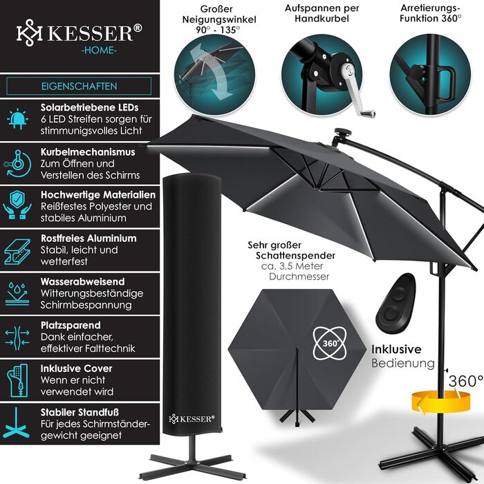 Сонячна алюмінієва парасолька KESSER 350 см з LED підсвіткою, дистанційним керуванням, водовідштовхувальна, UV-захист, з основою, для саду, антрацит