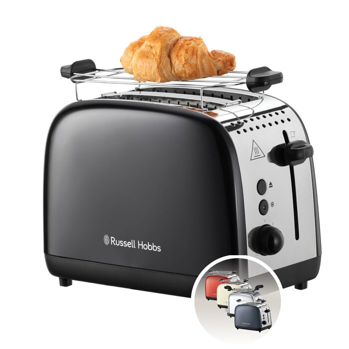 Тостер Russell Hobbs Colours Plus Edelstahl на 2 тости, чорний - з підставкою для булочок, 6 режимів підсмажування, розморожування, функція Lift & Look, 1600 Вт