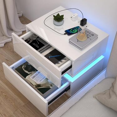 Нічний столик з розеткою та LED-підсвіткою, з USB-зарядкою та 2 шухлядами (45x35x46 см, білий)