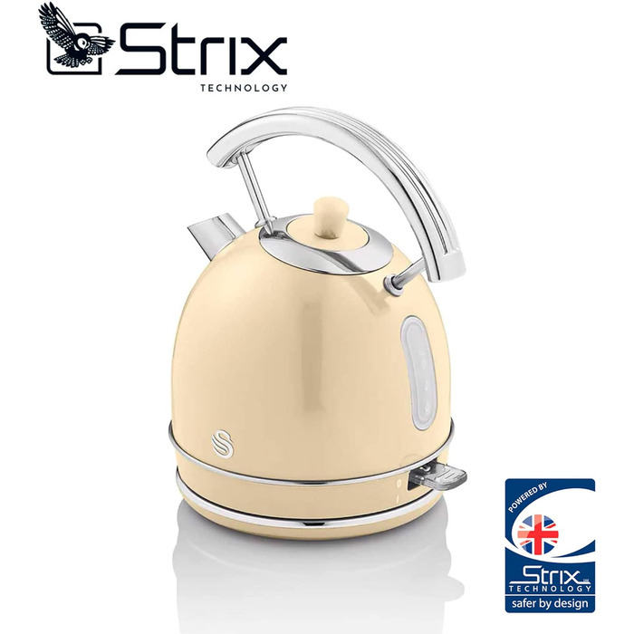 Електрочайник Swan Retro 1,8 л, вінтажний дизайн, Strix, бездротовий, BPA-free нержавійка, 3000 Вт, кремовий