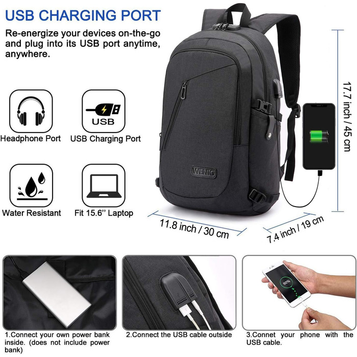 Чоловічий рюкзак WENIG для ноутбука 15,6'' з USB, водонепроникний, антикрадій, для бізнесу, школи та подорожей, чорний