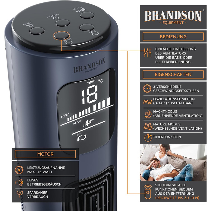 Турмовентилятор Brandson 96 см з пультом, 3 швидкості, осциляція 60°, мобільний підлоговий вентилятор, темно-синій, переможець 2024 року