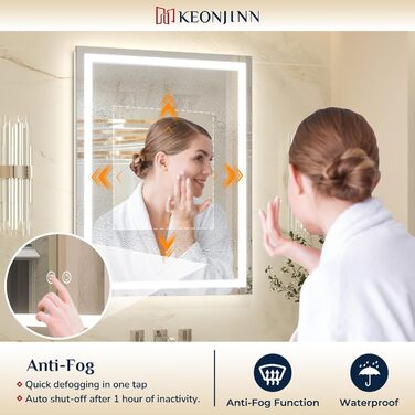 Дзеркало для ванної кімнати Keonjinn з підсвічуванням 50x70 см, без рами, LED, сенсорне управління, 3 кольори, диммування, пам'ять, протизапотівання