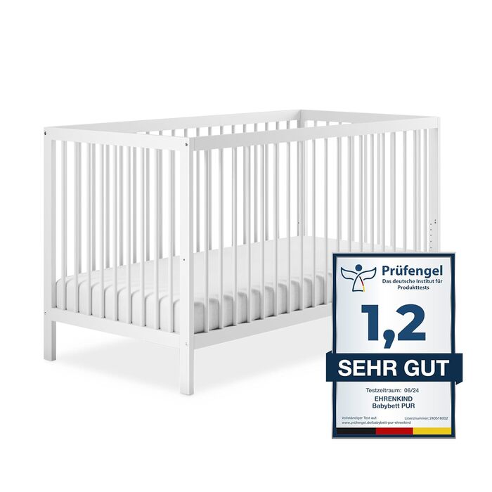Дитяче ліжечко Ehrenkind PUR 140x70 з бука, біле, 9-рівневе регулювання висоти, знімні прути