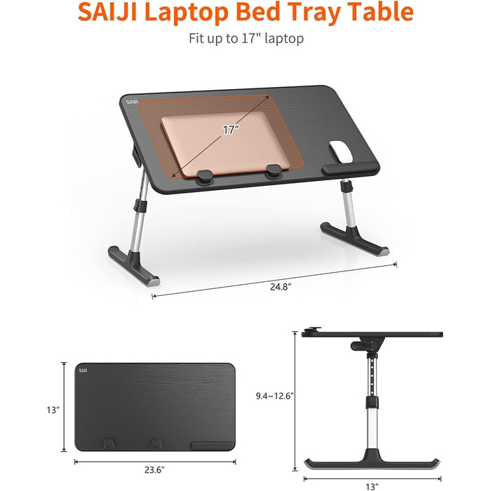 Стіл для ноутбука SAIJI, регульований, складаний, 5 висот, 4 кути, 60x33 см, для ліжка, дивана, письмового столу, чорний, для ноутбуків до 17''