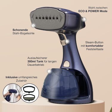 LEBENLANG Пароочищувач для одягу - 1500W, 300ml, з рукавичкою та насадками | Професійний пароочищувач для одягу | Пароочищувач, парогенератор, спрей, блакитний