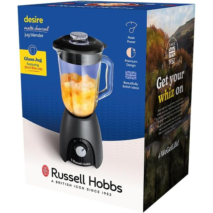 Стаціонарний блендер Russell Hobbs Smoothie Maker 27121-56, скляна чаша 1.5л, 850 Вт, 2 швидкості та імпульсний режим, Matte Charcoal