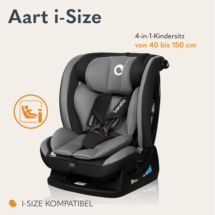 Автокрісло Lionelo AART для дітей 40-150 см, R129 (I-SIZE), сірий колір, регулювання спинки та підголівника