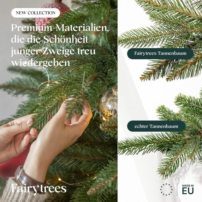 Штучна ялинка FAIRYTREES Nordmann Premium 220 см, білий засніжений сосновий колір, PVC, з натуральними шишками та дерев'яною підставкою
