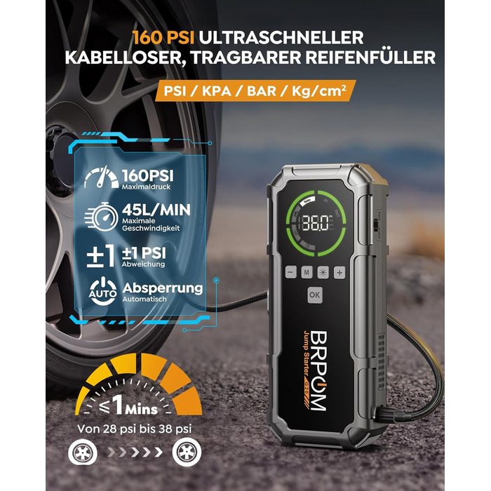 Powerbank Starthilfe BRPOM для автомобіля з компресором 160PSI, 8000A, 26800mAh, для бензинових та дизельних двигунів (12.0L), стартер, LED-ліхтар 600LUM, сріблясто-сірий